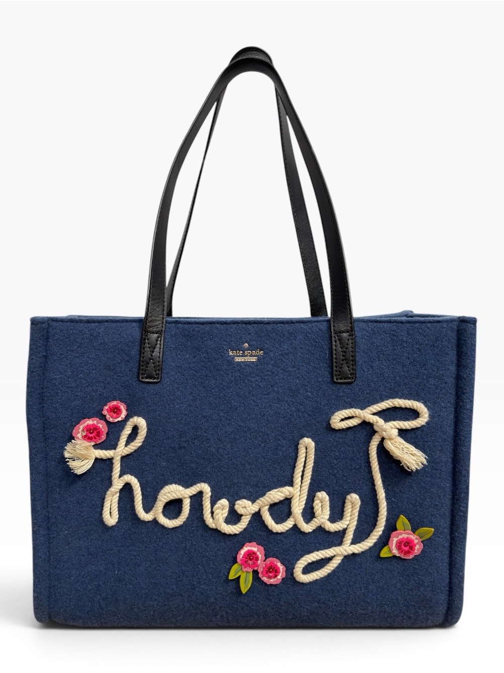 Kate Spade Wild Ones Howdy Mega Sam Tote Blue Wool Leather Trim 14x10x4 Bag